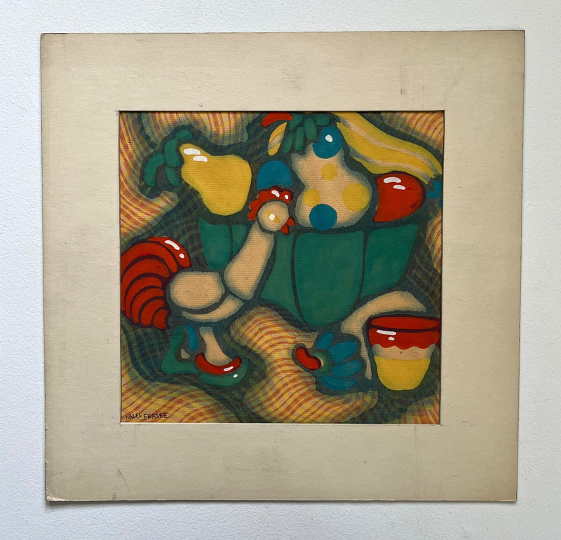 Antique ‘Rooster + Bowl of Fruit’ Watercolor Painting by Hazel Frazee, Chicago