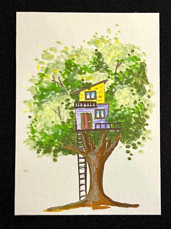 ACEO Original, Abstract Tree House, Mini Art Painting, by Annibbie