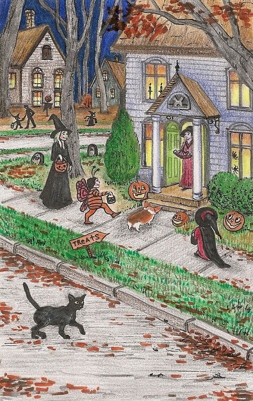 PRINT OF PAINTING RYTA HALLOWEEN WITCH BLACK CAT CORGI FOLK ART Trick Or Treat