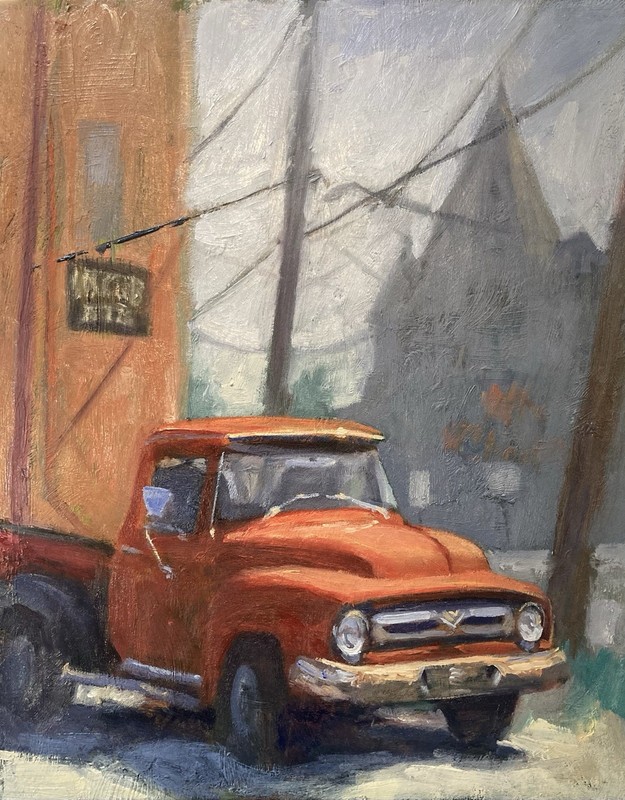 Original Oil Painting of Vintage Red Pickup Truck 8”x10” Americana Signed Father