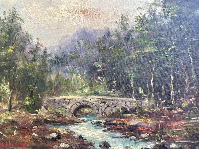 NATURALIST LANDSCAPE WITH RIVER BRIDGE BANK STONES TREES MOUNTAINS SKIES SWEDEN gallery