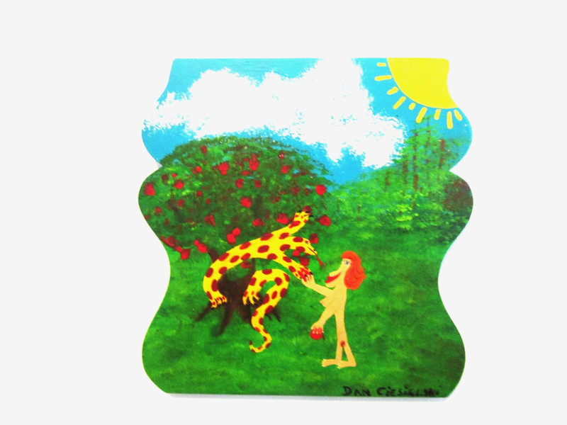 Outsider Folk Art Original Painting wood Adam & Eve Bible Garden of Eden Dan C