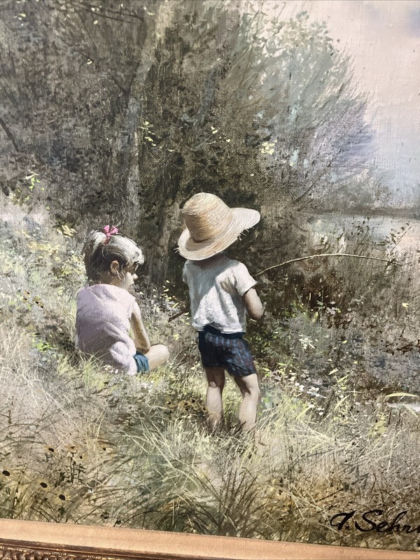 Adolf Sehring Original Painting On Canvas "Fishing" Framed 24" X 30" gallery