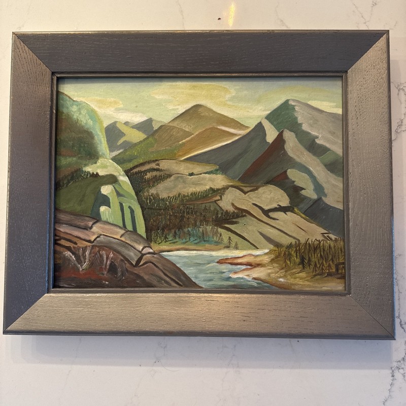 Vintage Framed Mountain Landscape On Canvas Board 1960s/70s