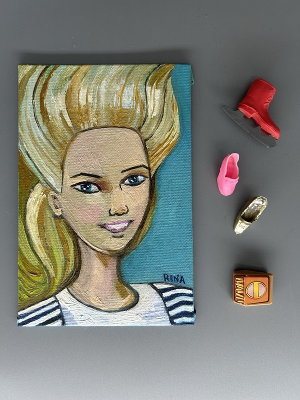 Barbie Art Original Oil Painting 6”x4” Canvas Panel by Miss Rina of MRAO