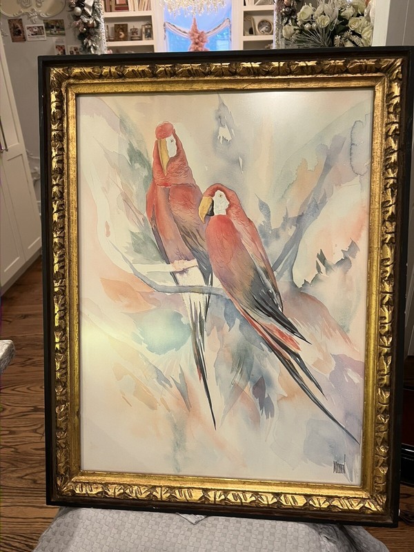 Watercolor Painting Parrots Madden Gesso Style Frame Wood Antique Vtg Art