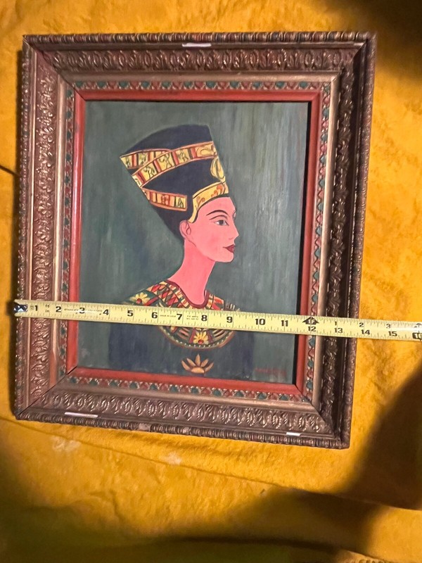 Naive Painting Nefertiti, Framed Signed Mid-Century Acrylic On Canvas Board gallery