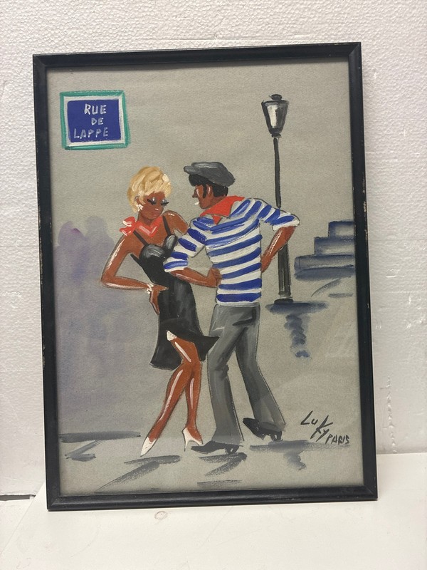 🔥 Luky Paris «Rue de Lappe» Framed Dancing Couple Painting 16.5×11″