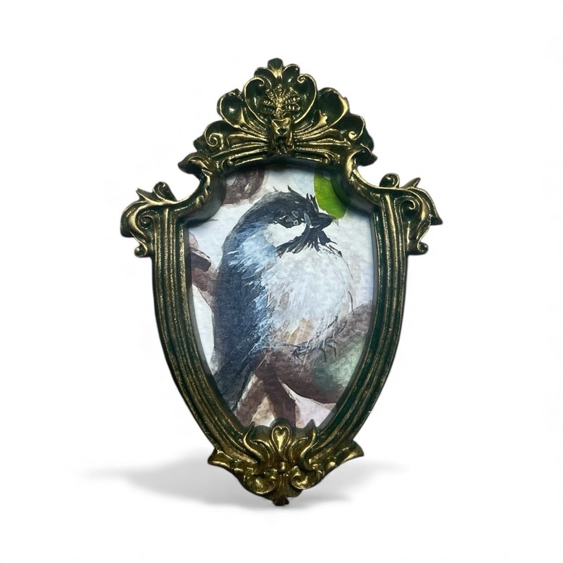 Black capped chickadee mini watercolor bird print in vintage style ornate frame