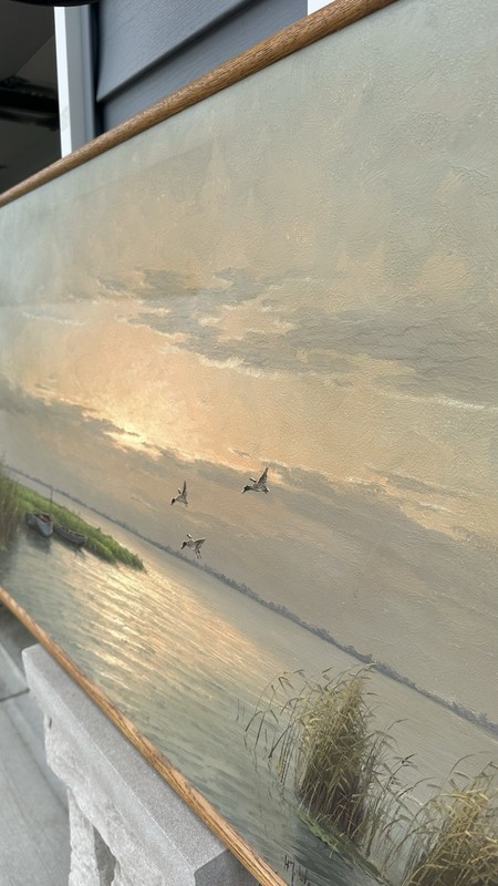 H.T. Wilson Signed Large Framed Realism Landscape Seascape Birds Canvas Painting gallery