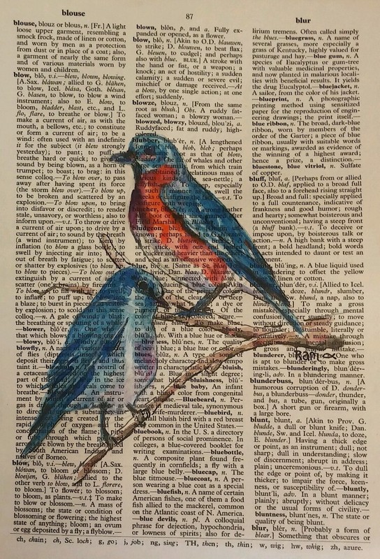 Bluebirds on Old Text – 7 1/2″ X 10 3/4″ -Colored Ink Original Ramfish Artist