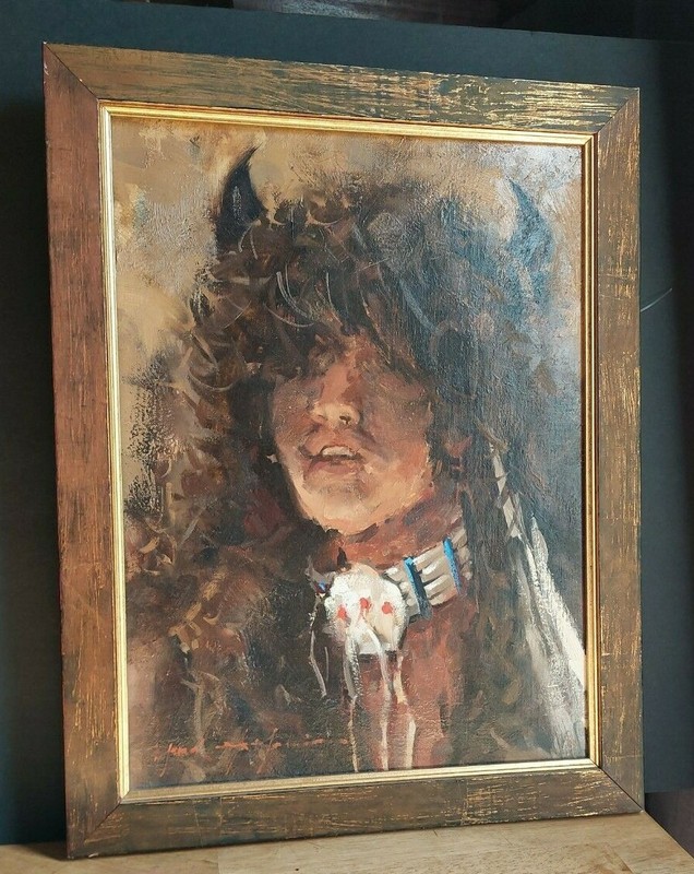 VTG ARIZONA NATIVE AMERICAN BUFFALO WARRIOR FRAMED OIL PAINTING. gallery