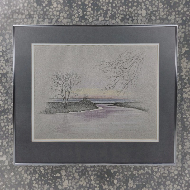 Vtg 1992 Signed R. Krause Pen & Ink Colored Pencil Art Drawing Metal Framed