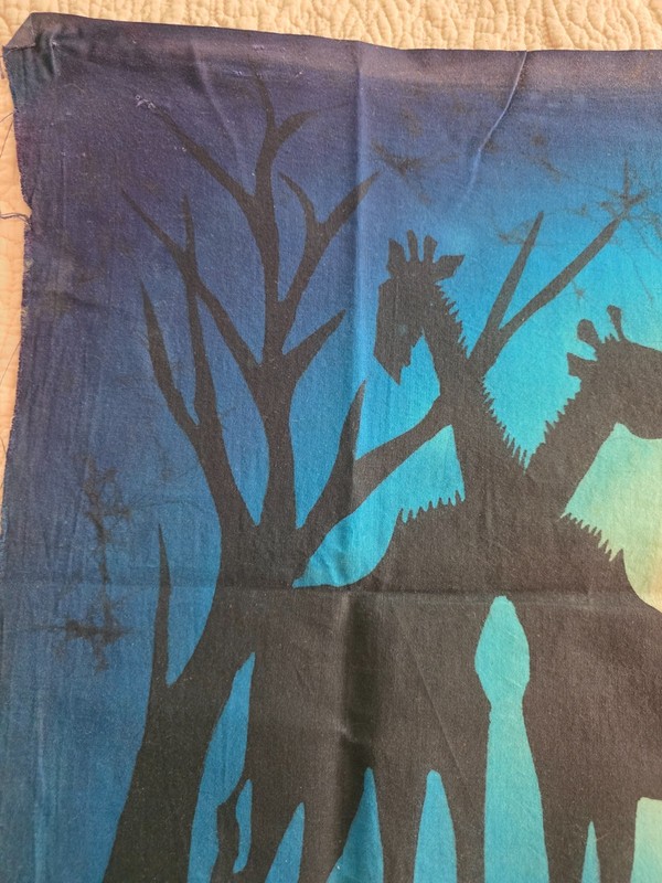 African Batik Fabric Artwork Silhouettes of Giraffes Wildebeasts Acacia Trees gallery