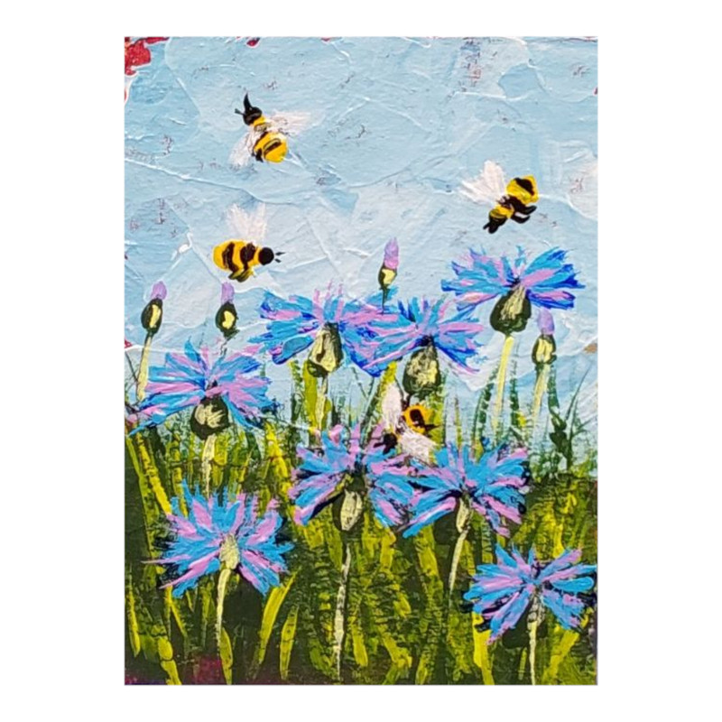 ACEO Cornflowers 1 Honey Bee Original Painting Wildflower Bumblebee Handmade Art