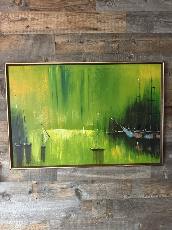 Signed Original Mid Century Modern Painting Sailboats 37”x25” “ The Channel “