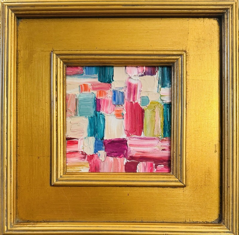 KADLIC Abstract Pink Green Impasto Oil Painting Gold Gilt 12″ Frame Fine Art