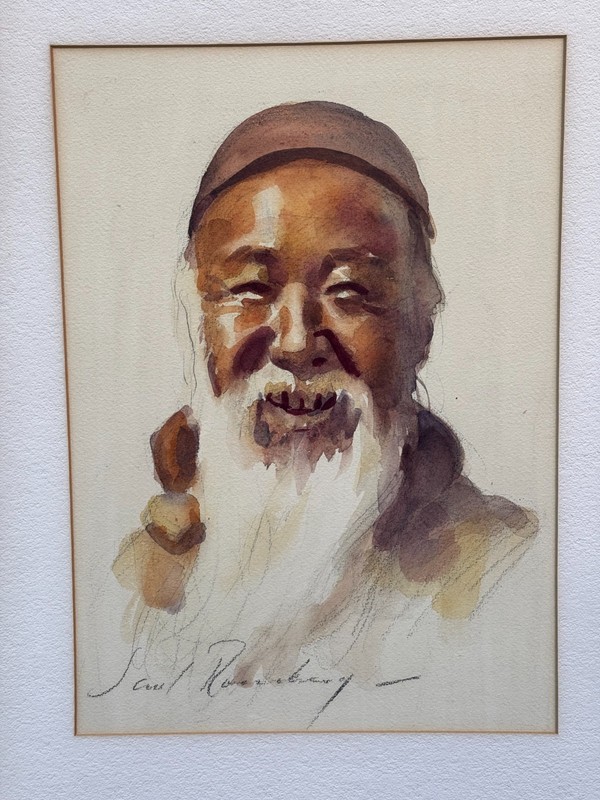 VINTAGE SAUL ROSENBERG SIGNED ORIGINAL PAINTING ASIAN MAN WATERCOLOR PORTRAIT gallery