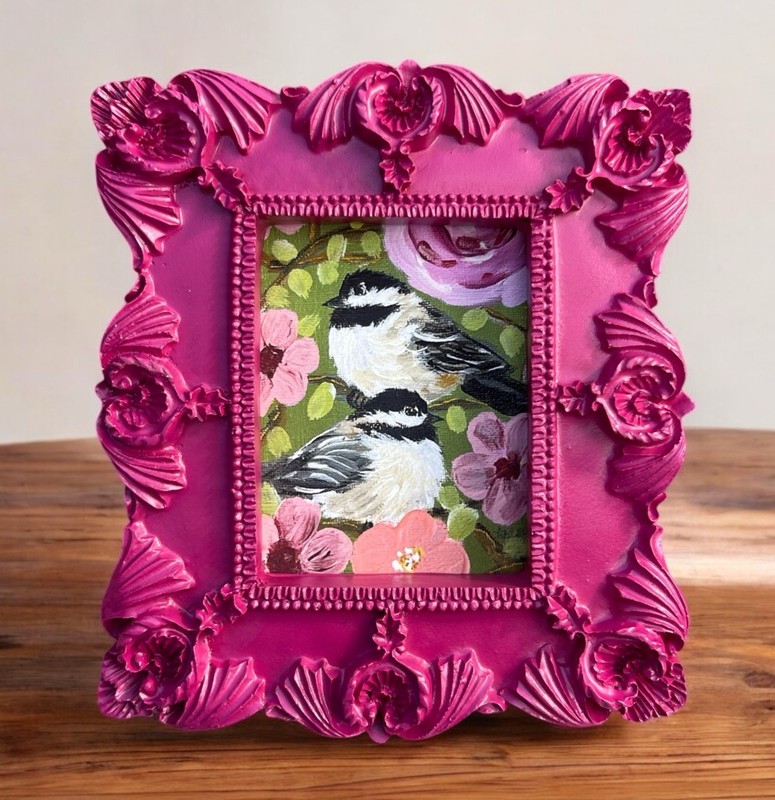 Black-Capped Chickadees & Flowers mini watercolor print in magenta ornate frame