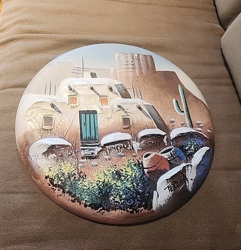 Original 3D Textured 16” Round Southwest Pueblo Oil Painting TERESA Bernard