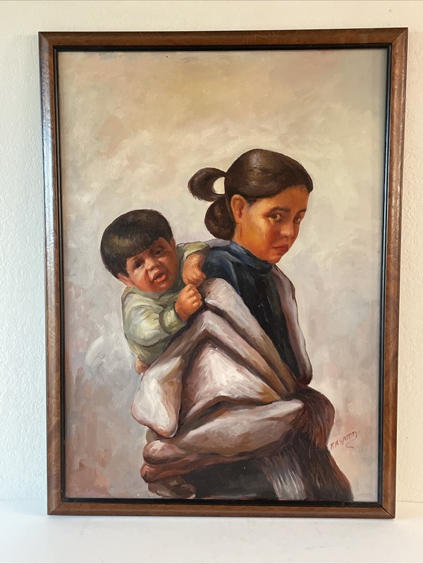 Vintage Mexican Woman w Child Portrait Painting Signed Framed 22×30″