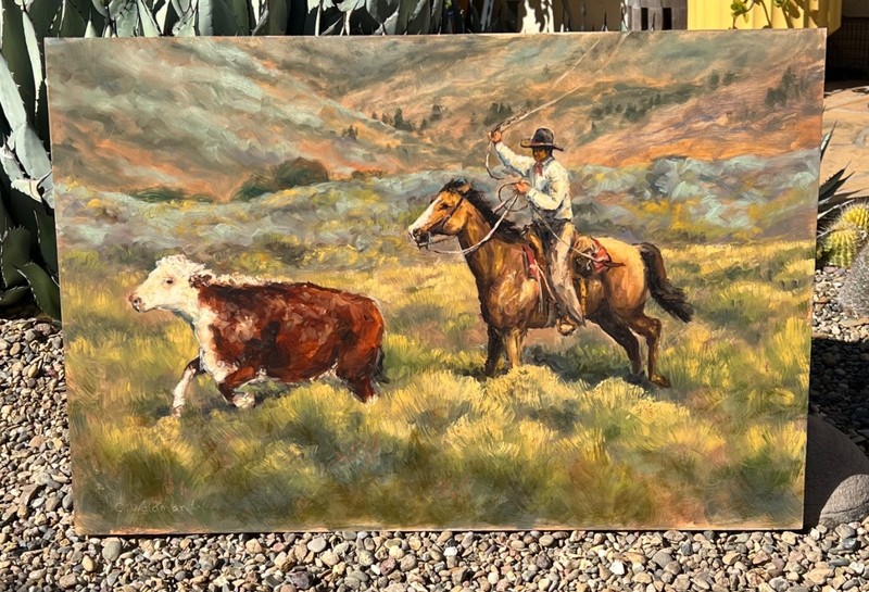 CHARLES WALDMAN WESTERN LANDSCAPE ROPING COWBOY OIL PAINTING CALIFORNIA ARTIST