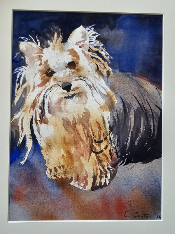 Original Watercolor Signed by Artist- «Yorkie» Terrier Portrait- Rose-Gold Frame