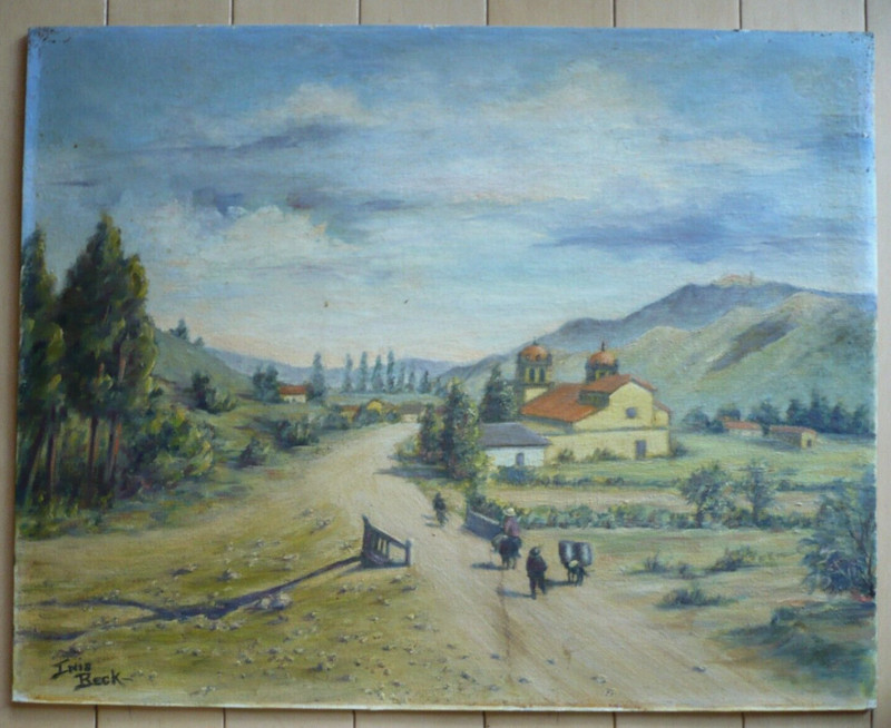 INIS BECK, VINTAGE RURAL LANDSCAPE SIGNED OIL MISSION OLD PUEBLO BURRO MEXICO ?