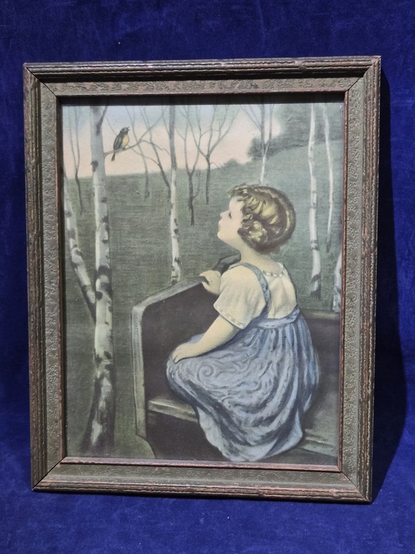 Antique Spring Song Print Simon Glucklich 1920s Blind Girl Bird Framed 8×10 Art