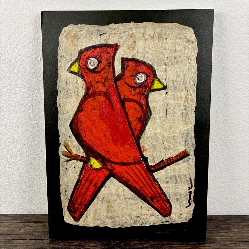 Mid Century Modern 1960s Textured Paper Cardinal Painting Mounted Wood Art MCM
