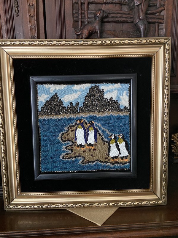 Vintage Handmade Beaded Embroidery Art African Framed Penguins Island