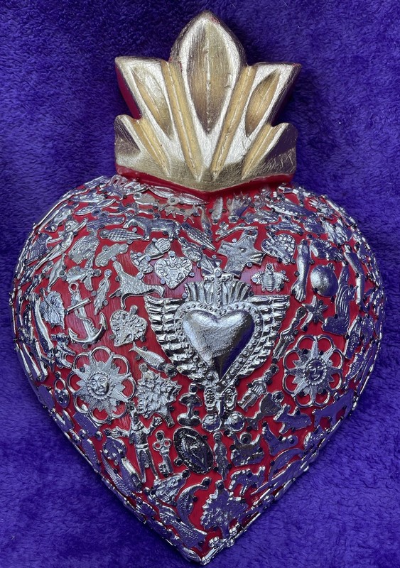 Mexican Fine Folk Art Wooden Flaming Heart Slathered In Milagros Of All Kinds