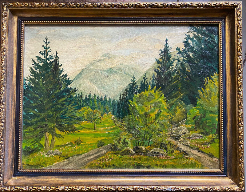 ::OIL PAINTING FOREST PANORAMA WITH ALPS AND MOUNTAINS