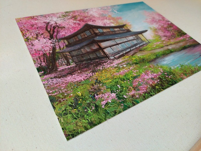 Japanese morning Cherry tree oil painting. Blossoming sakura art. Japan house gallery