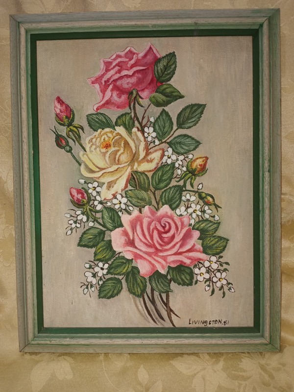 Vtg Original Framed & Signed Still Life Pink Roses Bouquet Oil Painting 11”x14”