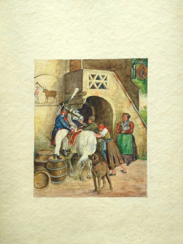 Small Hand Drawing Rural Scene Horse Saddle Dog and Officer Sword