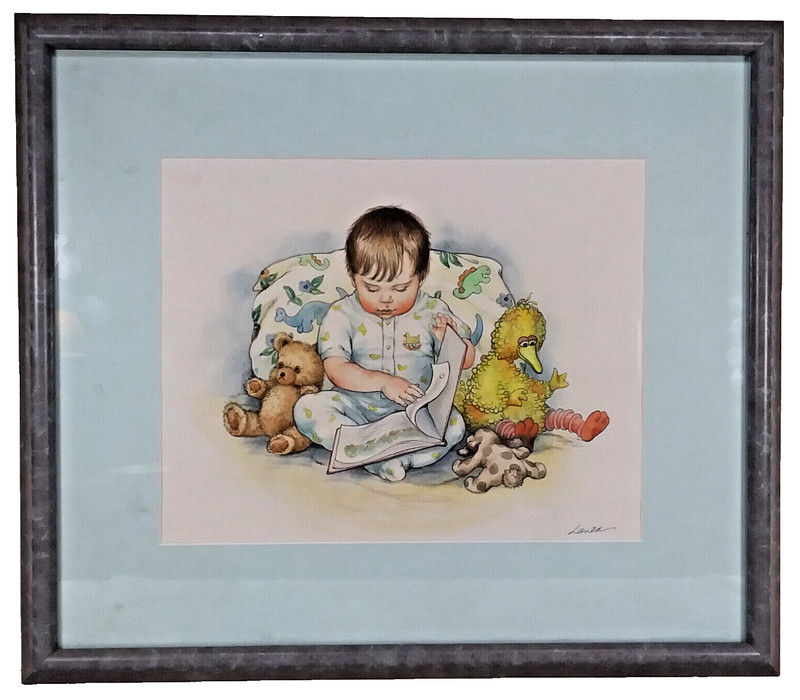 Watercolor & Pencil Portrait Toddler Reading Book Barbara Lanza Book Illustrator