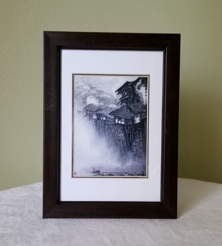 Chen Mao Pen and Ink Painting Fisherman on Raft Stilt Houses Misty Background