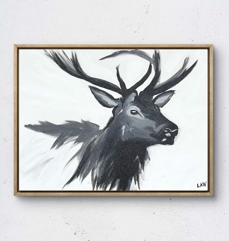 Laeknapes Monochromatic Elk Abstract Art 12X16 Canvas Expressionist Home Decor