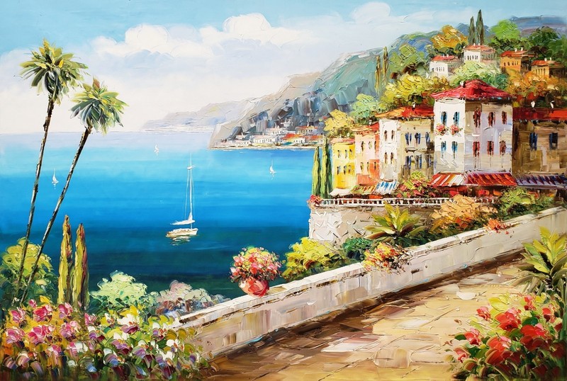 Mediterranean View #6GM-5, 24″x36″ – 100% Hand Painted Oil Painting on Canvas,