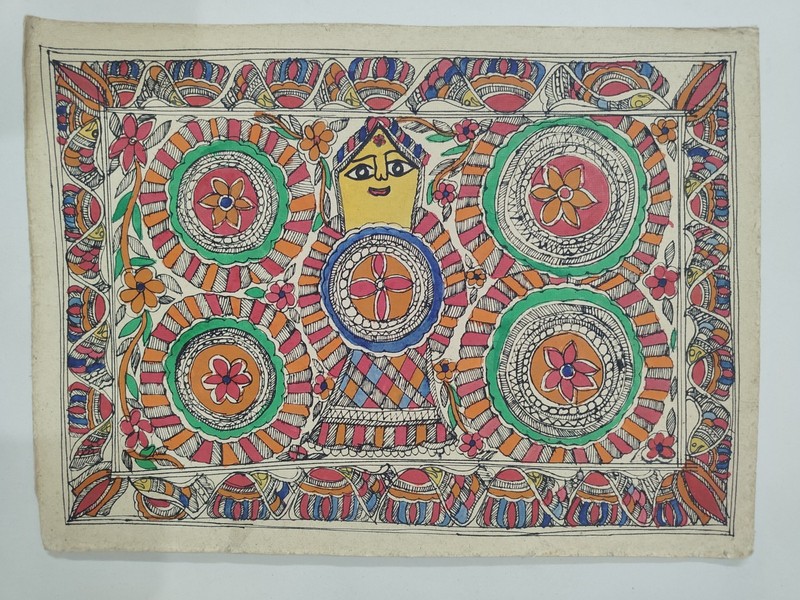 INDIA MITHILA MADHUBANI PAINTINGFISH AND FLOWER 11X15 INCH #41