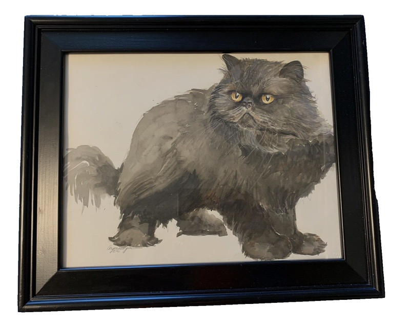 Framed Original Watercolor Painting «Bright Eyed Cat» 17X14 by Argersinger 90s