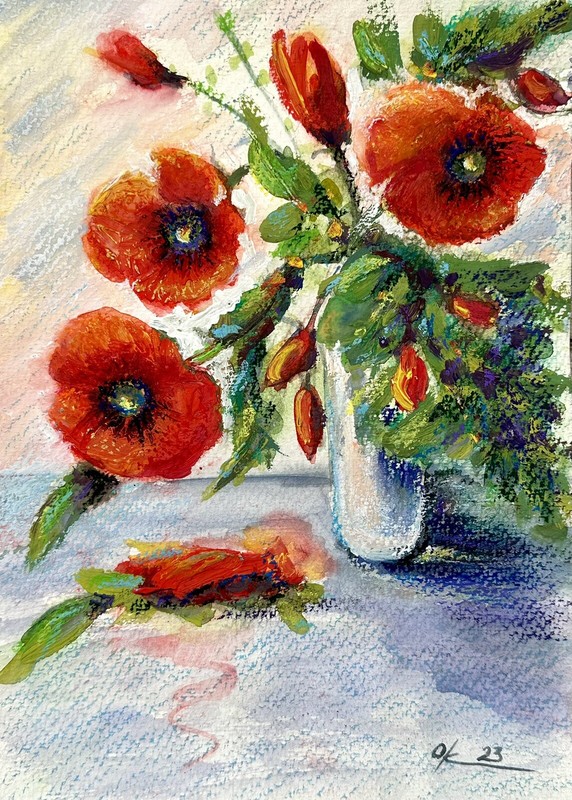 Poppy Original Red poppies In Vase wild flowers, red bouquet tempera oil pastel