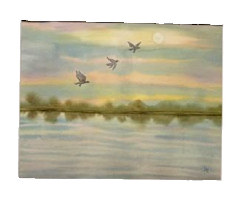 PAINTING WATERCOLOR ART SUNRISE LAKE MARSH LANDSCAPE BLUE 11X14 and MAT 16X20 gallery