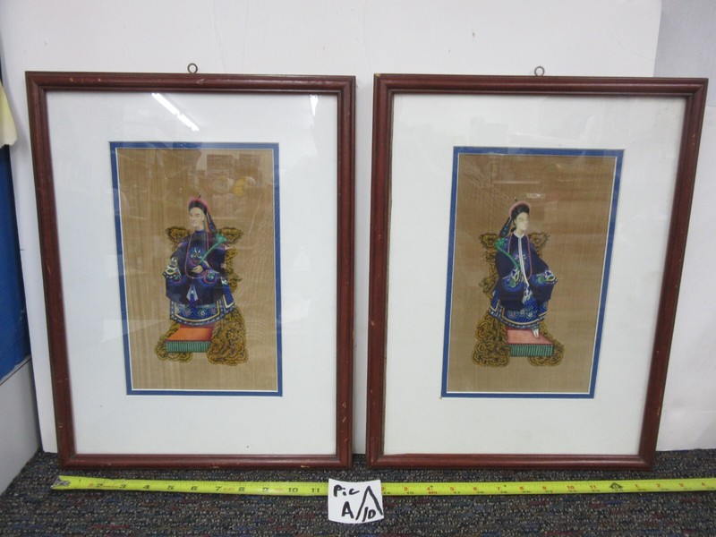 antique set of man woman painted on silk asian clothing artwork painting