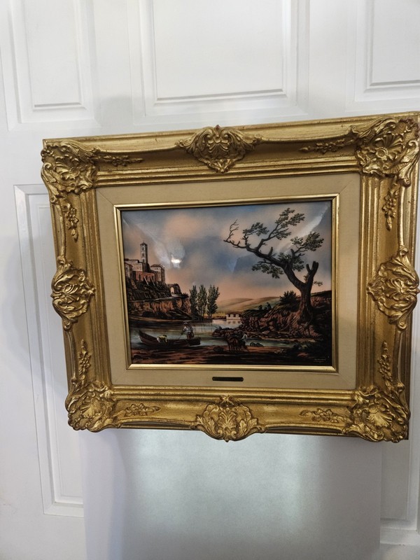 JP Loup Painting Limoges Enamel On Copper “Fishing Village” Gold Gilt Frame