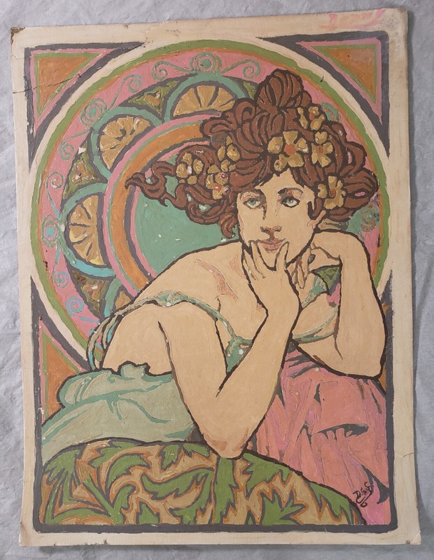 Old Paint by Number? Alphonse Mucha Style Triptych Painting Art Nouveau Portrait gallery