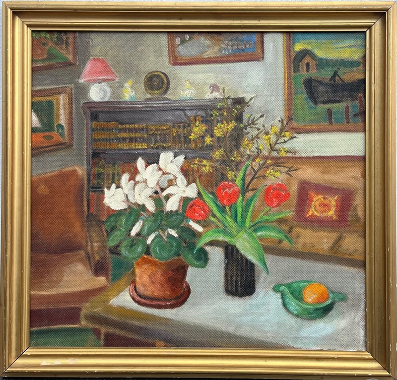 Unknown Impressionist Interior With Furniture And Flowers Oil Painting 68x65cm