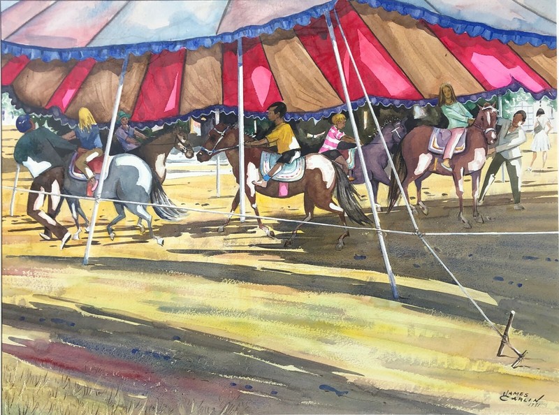 Child Pony Ride at a Carnival 18″ x 24″ W/C.Painting-1981-James Carlin