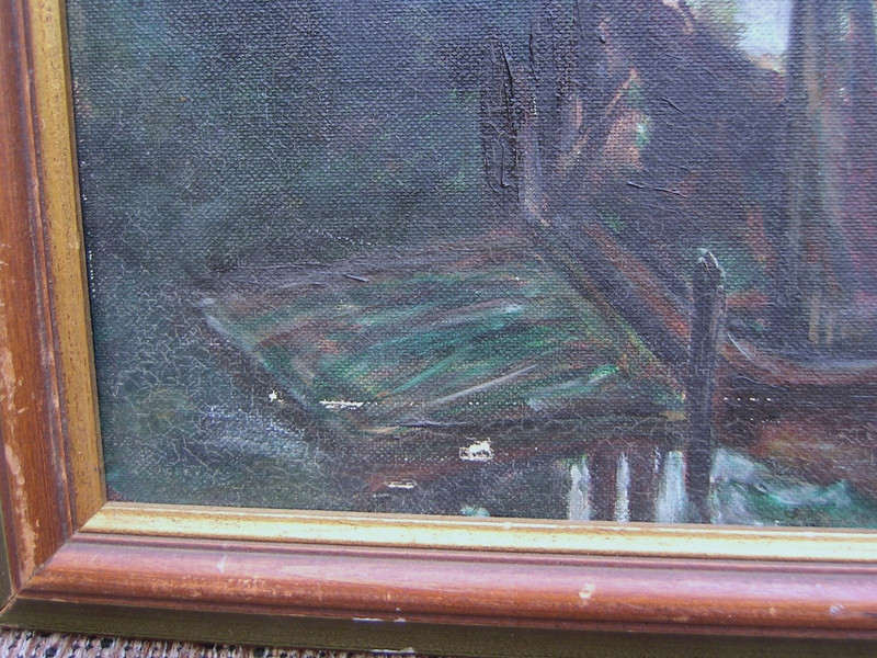Vintage Expressionist Harbor Oil Painting Fishing Boats Signed gallery